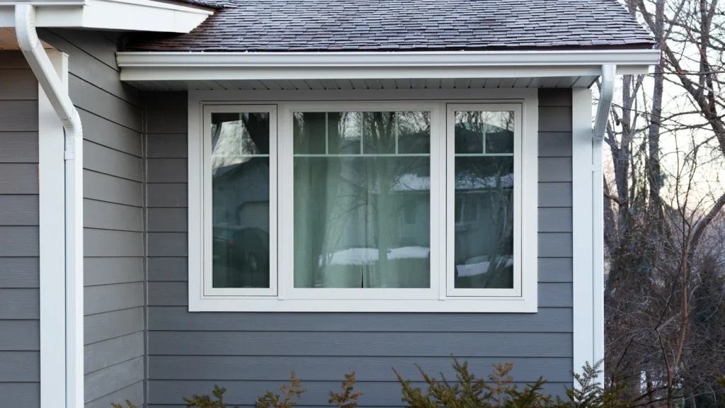 A modern house window with white trim set in gray siding. The window is divided into four sections, with sheer curtains partially visible inside. Reflections of trees and another house can be seen in the glass. Bushes grow below the window.