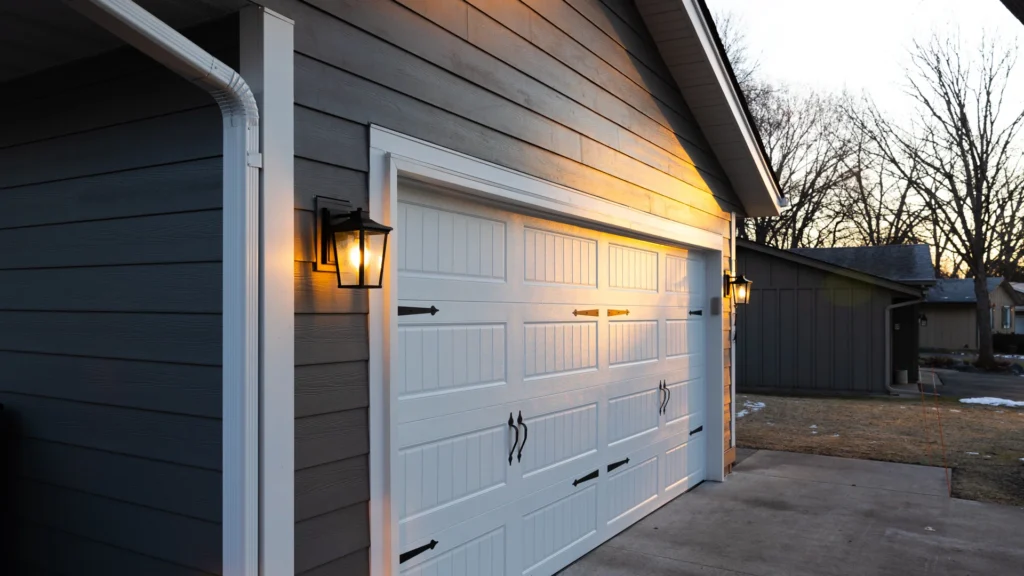 A modern garage with a white paneled door is attached to a dark gray house. Two black lantern-style wall lights illuminate the exterior. The driveway is concrete, and trees are visible in the background against a clear sky at dusk.