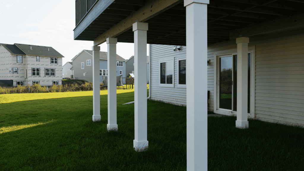 View of a backyard with a green lawn and a raised wooden deck supported by white columns. A sliding glass door leads into a light-colored house. In the background, other suburban homes are visible under a clear sky.