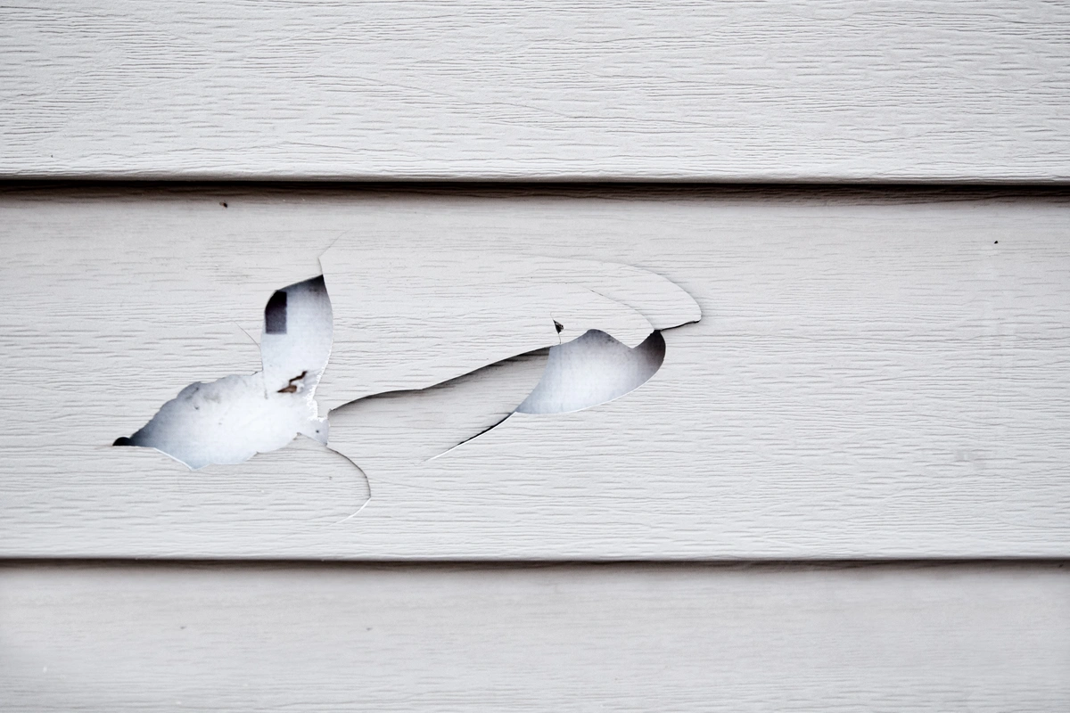 A close-up of damaged siding reveals a large crack and peeling paint, exposing darker layers beneath. The elongated, jagged damage shows clear signs of wear and exposure.