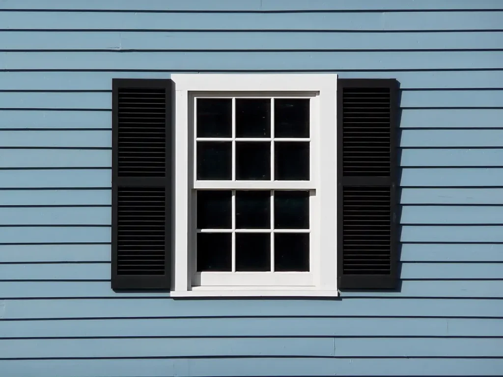 blue siding and black shutters