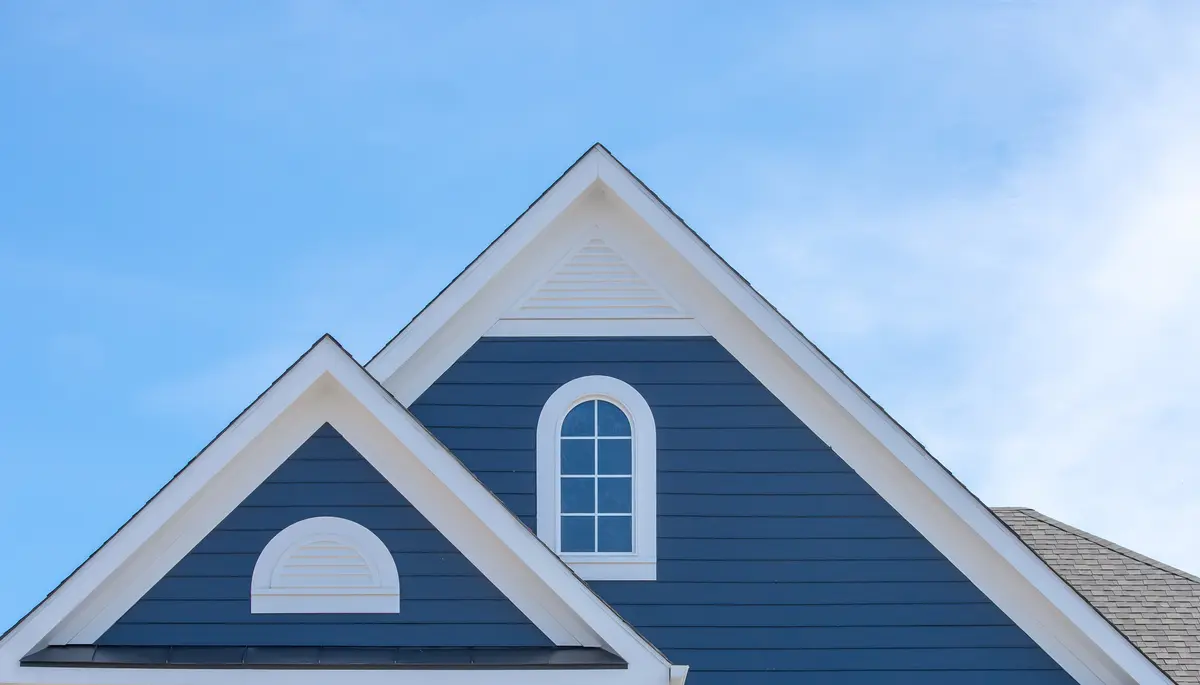Dark blue horizontal fiber-cement siding with white trim and gable windows on a residential home