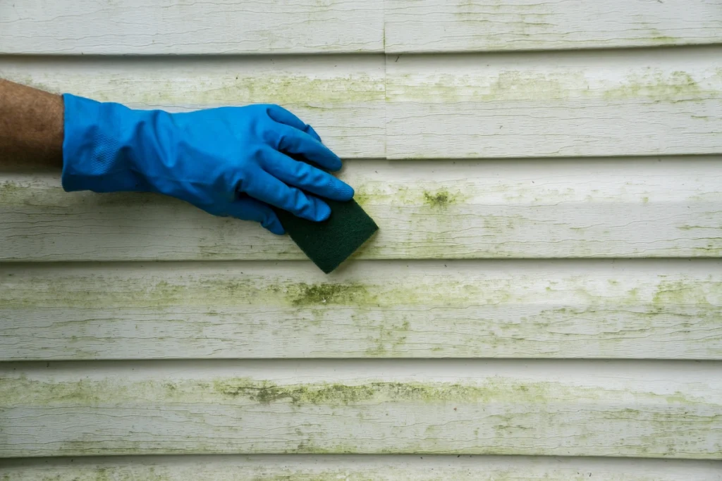 A person wearing a blue glove is scrubbing a white, algae-stained wooden surface with a green sponge. The siding has visible greenish discoloration from mildew or algae.