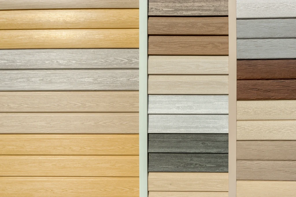 A display of the best siding for house walls, showcasing wooden panels in various colors and textures. These panels are organized vertically and horizontally, featuring shades of beige, brown, gray, and cream. Each panel boasts a distinct wood grain pattern.