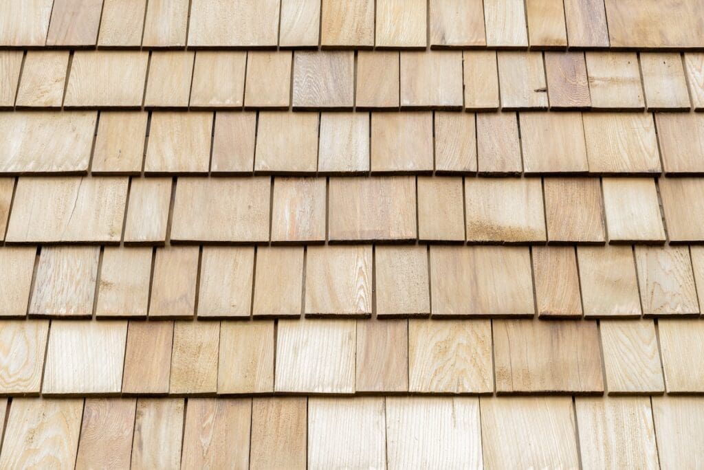 Close-up view of a wood shingle siding