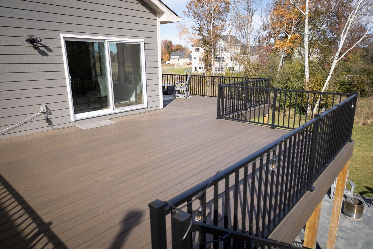 A spacious, elevated wooden deck