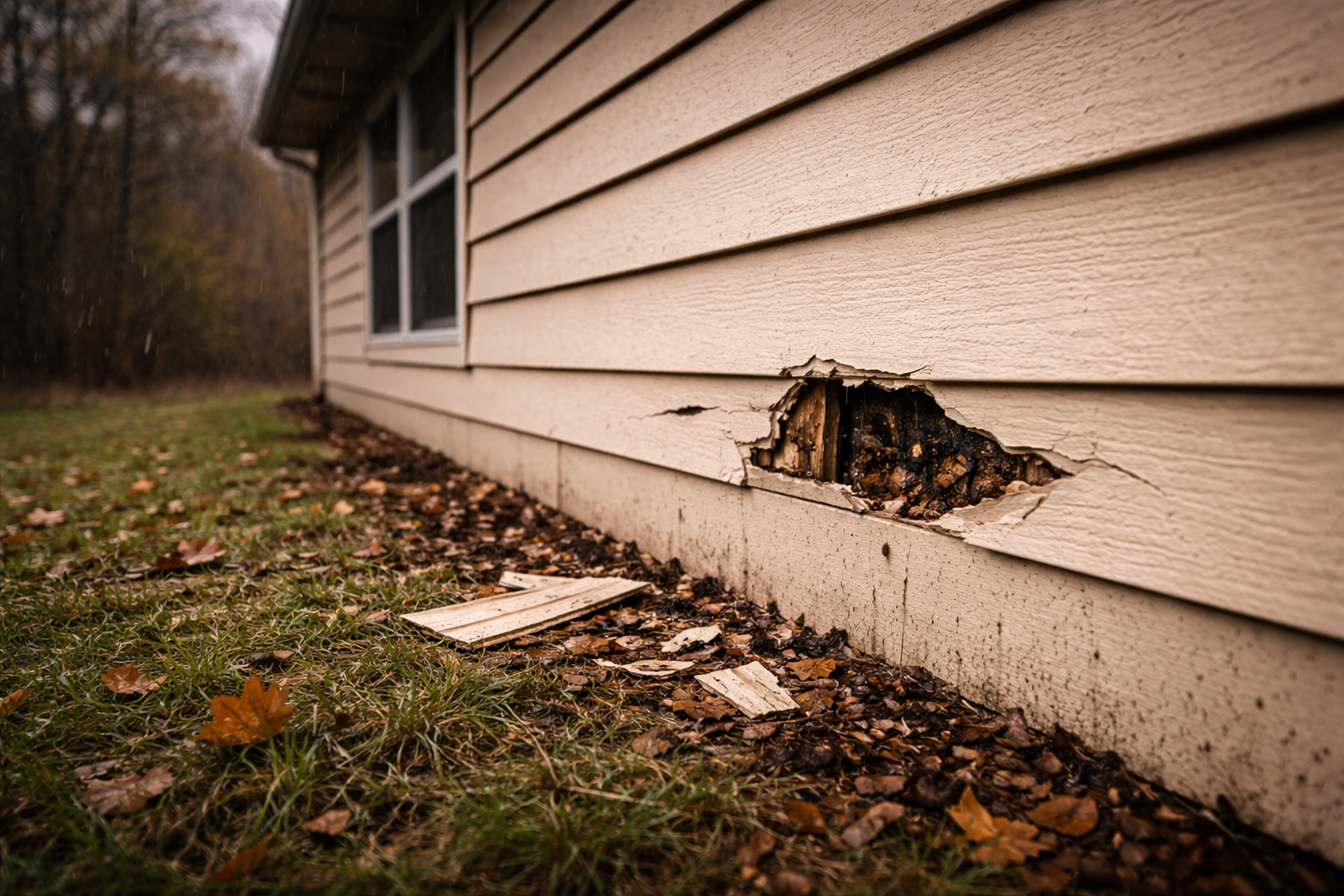A beige house exterior with a large crack and damaged siding near the foundation highlights the need to consider siding repair vs replacement, with exposed wood, debris.