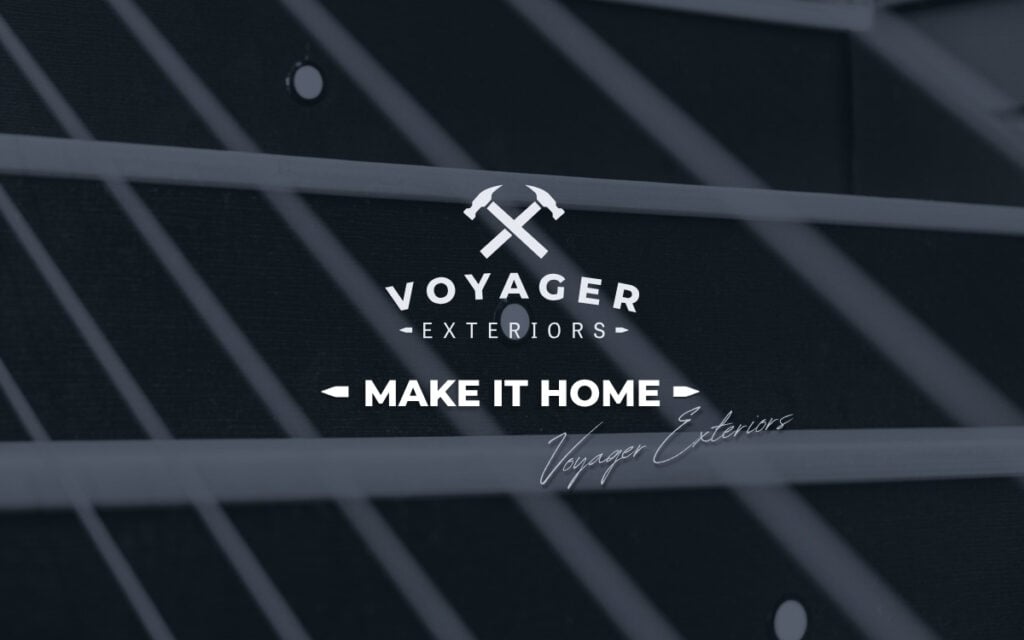 Logo for "Voyager Exteriors" with two crossed hammers above the name. Highlighting custom deck additions, the slogan "MAKE IT HOME" appears below, with "Voyager Exteriors" handwritten underneath. Background features diagonal metal bars and a dark surface.
