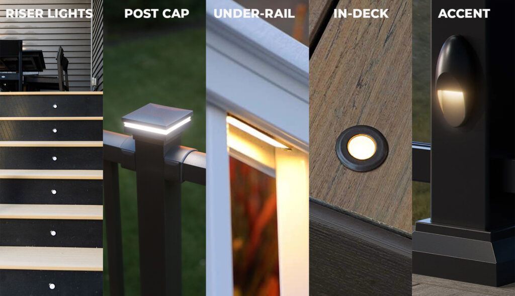 A split-image showcases five outdoor deck lighting styles: riser lights on steps, an illuminated post cap, under-rail lighting, a small in-deck light, and an oval accent light on a post—each highlighting unique deck lighting options.