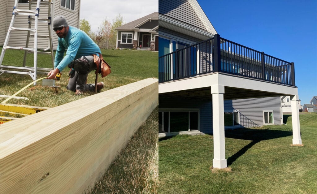A person measures lumber on grass for a construction project. Next to this, a completed raised wooden deck with black railings and custom deck additions is attached to a house, supported by posts on a lawn.