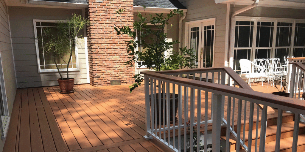 A sunlit wooden deck with white drink rails, potted plants, and outdoor seating, attached to a house with large windows and a brick chimney. Shadows from the railing fall across the deck.