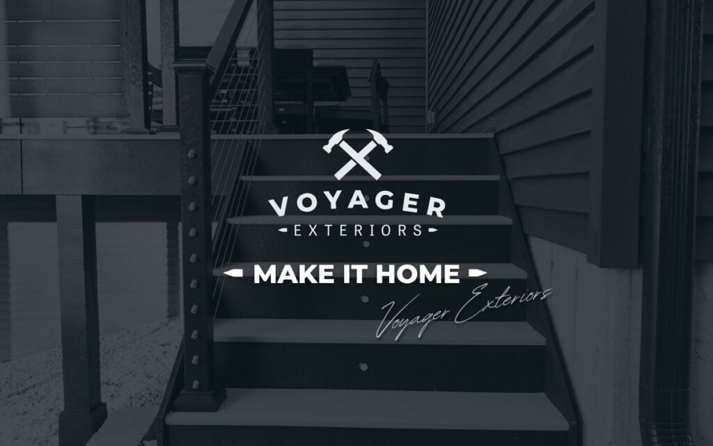 Black and white photo of outdoor metal stairs with the "Voyager Exteriors" logo and “Make It Home” slogan overlayed in bold letters. Siding, railing, and subtle hints of outdoor deck lighting create an inviting Minnesota atmosphere.