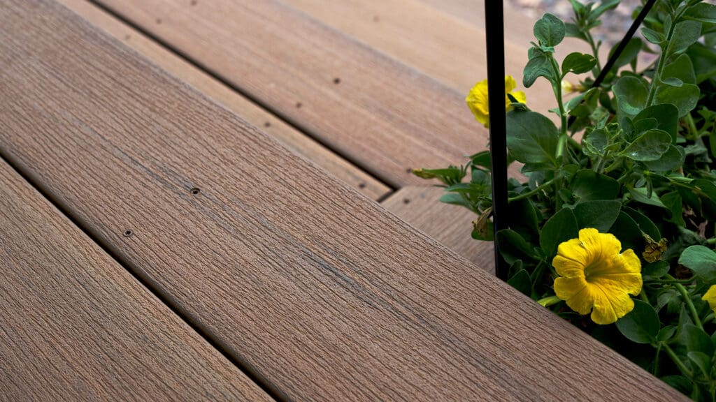 Close-up of a TimberTech White Oak deck with a green leafy plant and bright yellow flowers growing beside it. A black metal rod appears near the flowers, showcasing quality siding and deck installation in Coon Rapids MN.