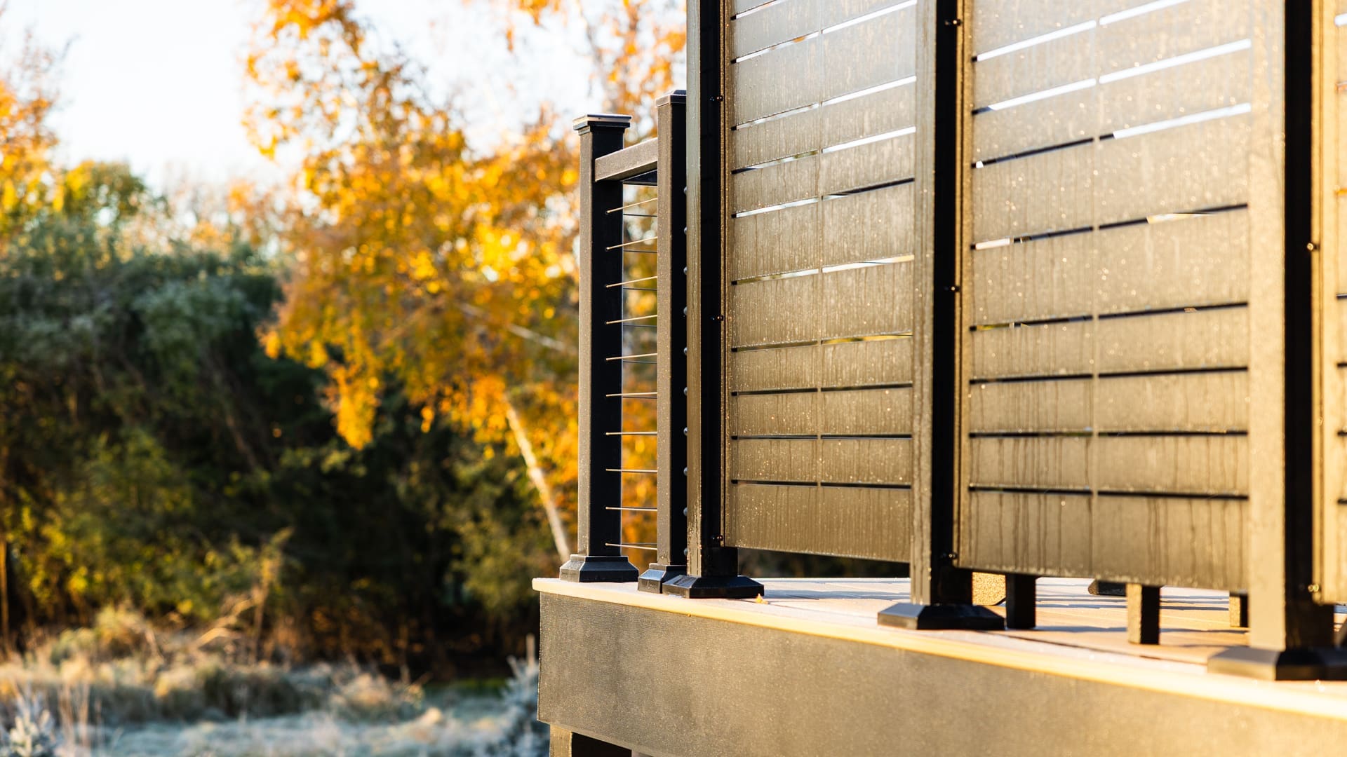 Close-up of a modern black railing on a low-maintenance deck, with horizontal slats, set against a background of trees with autumn-colored leaves in soft sunlight—a perfect example for those seeking composite deck ideas.